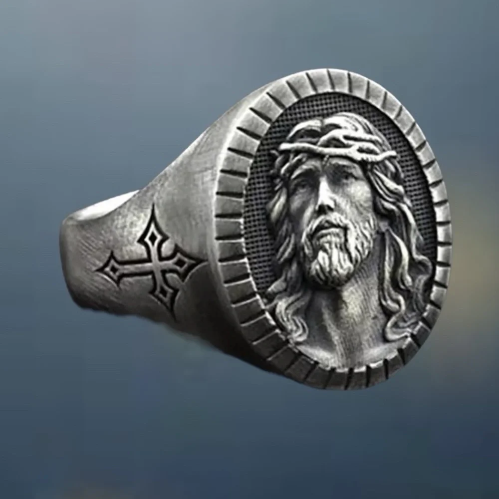 New Men Women Jesus 925 Silver Filled Band Ring Dark Silver Gray Various Sizes